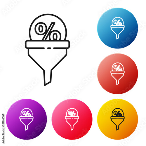 Black line Lead management icon isolated on white background. Funnel with discount percent. Target client business concept. Set icons colorful circle buttons. Vector Illustration
