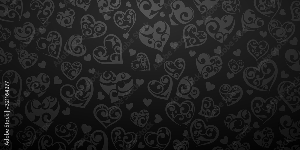 Background of big and small hearts with ornament of curls, in black colors