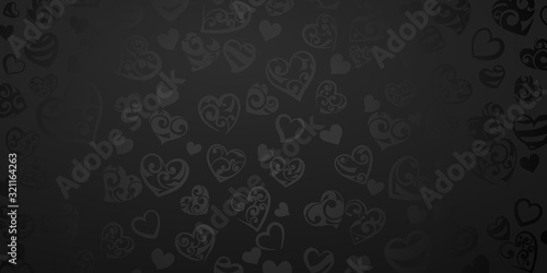 Background of big and small hearts with ornament of curls, in black colors