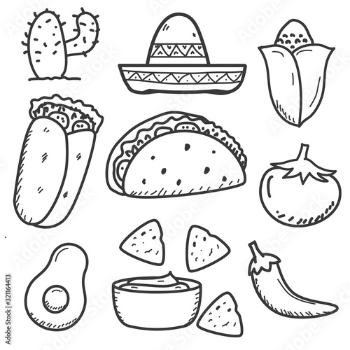 Set of mexican food doodle vector illustration in hand drawn style isolated on white background 