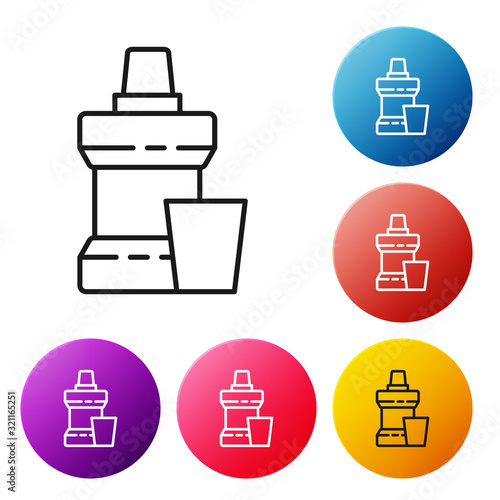 Black line Mouthwash plastic bottle and glass icon isolated on white background. Liquid for rinsing mouth. Oralcare equipment. Set icons colorful circle buttons. Vector Illustration