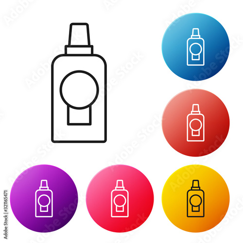 Black line Mouthwash plastic bottle icon isolated on white background. Liquid for rinsing mouth. Oralcare equipment. Set icons colorful circle buttons. Vector Illustration
