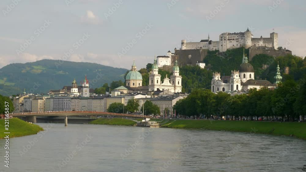 sunset time salzburg center famous river cityscape slow motion panorama 4k austria sunset time salzburg center famous river cityscape slow motion panorama 4k austria