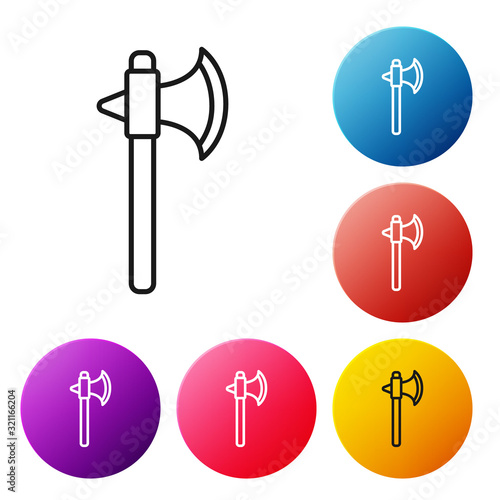 Black line Medieval axe icon isolated on white background. Battle axe, executioner axe. Set icons colorful circle buttons. Vector Illustration