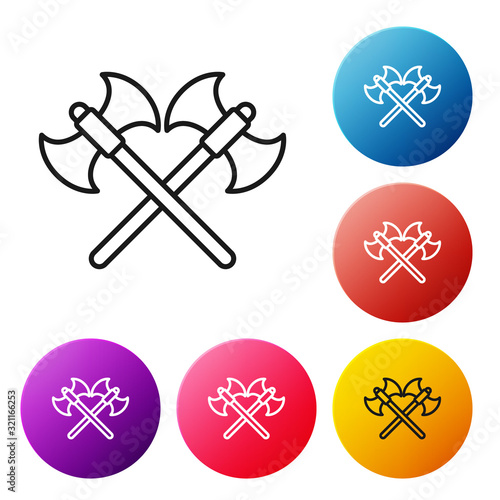 Black line Crossed medieval axes icon isolated on white background. Battle axe, executioner axe. Set icons colorful circle buttons. Vector Illustration