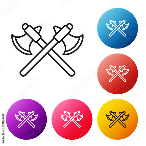 Black line Crossed medieval axes icon isolated on white background. Battle axe, executioner axe. Set icons colorful circle buttons. Vector Illustration