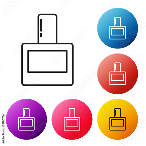 Black line Aftershave icon isolated on white background. Cologne spray icon. Male perfume bottle. Set icons colorful circle buttons. Vector Illustration