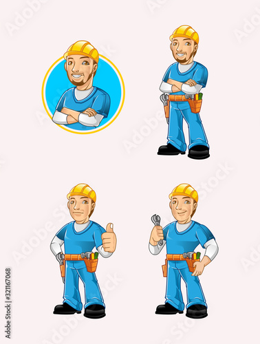 collection character of mechanic standing carrying tool with different pose