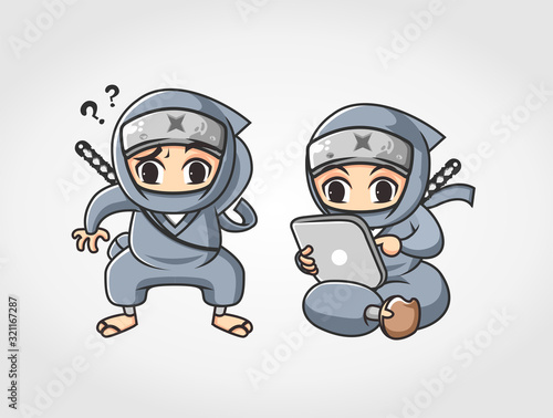 ninja wonder and browsing with computer tablet mascot character vector