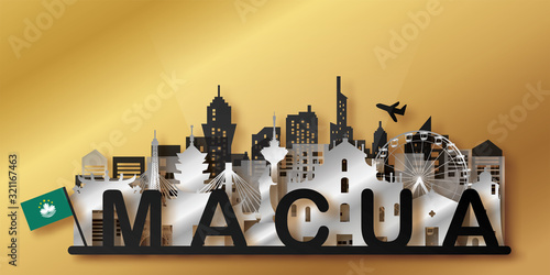 Macau Travel postcard, poster, tour advertising of world famous landmarks in paper cut style. Vectors illustrations