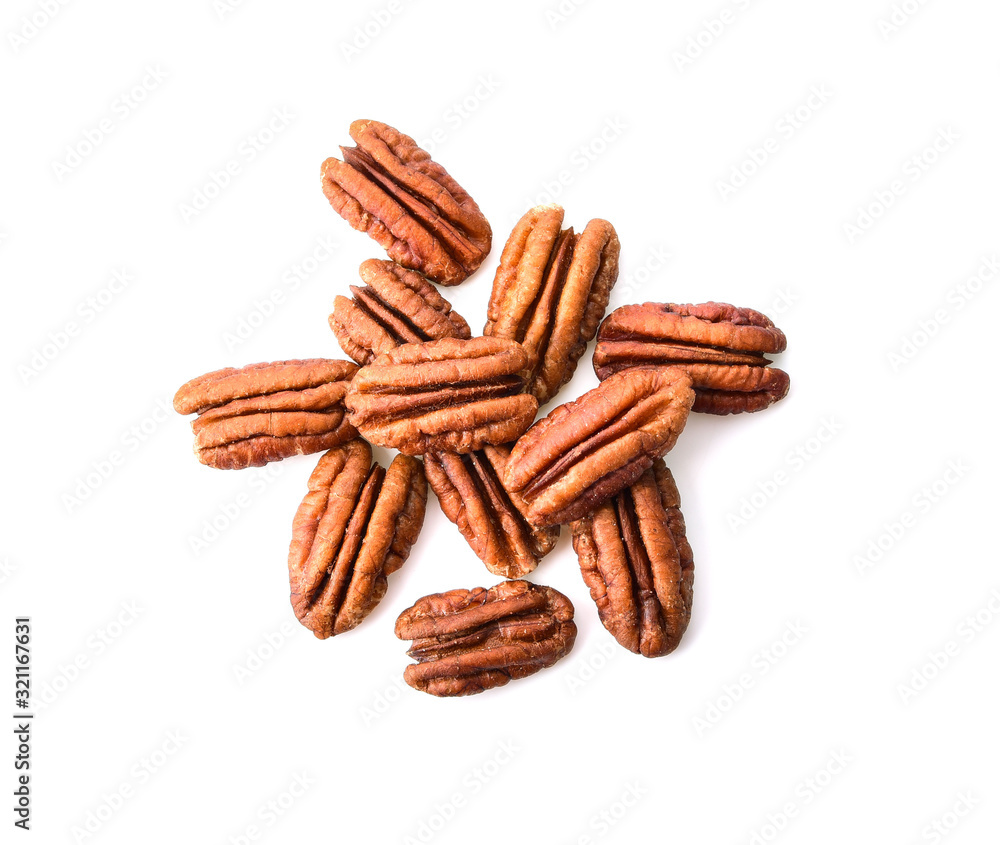 Pecan Nut Halves. Isolated on white background. Directly Above. Pecan Nut Halves. Isolated on white background. Directly Above.