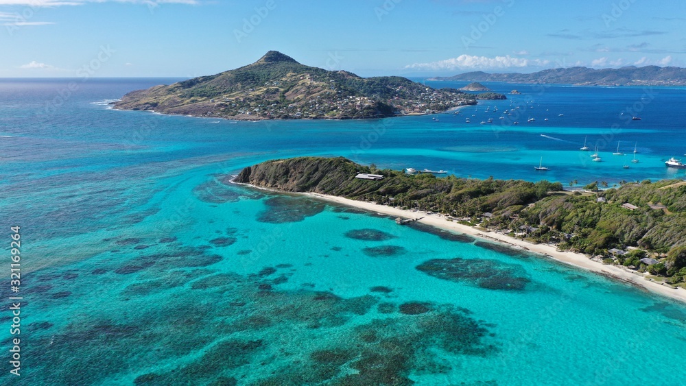 Caribbean Islands and beaches, aerial view, St. Vincent & Grenadines & Petite Martinique.