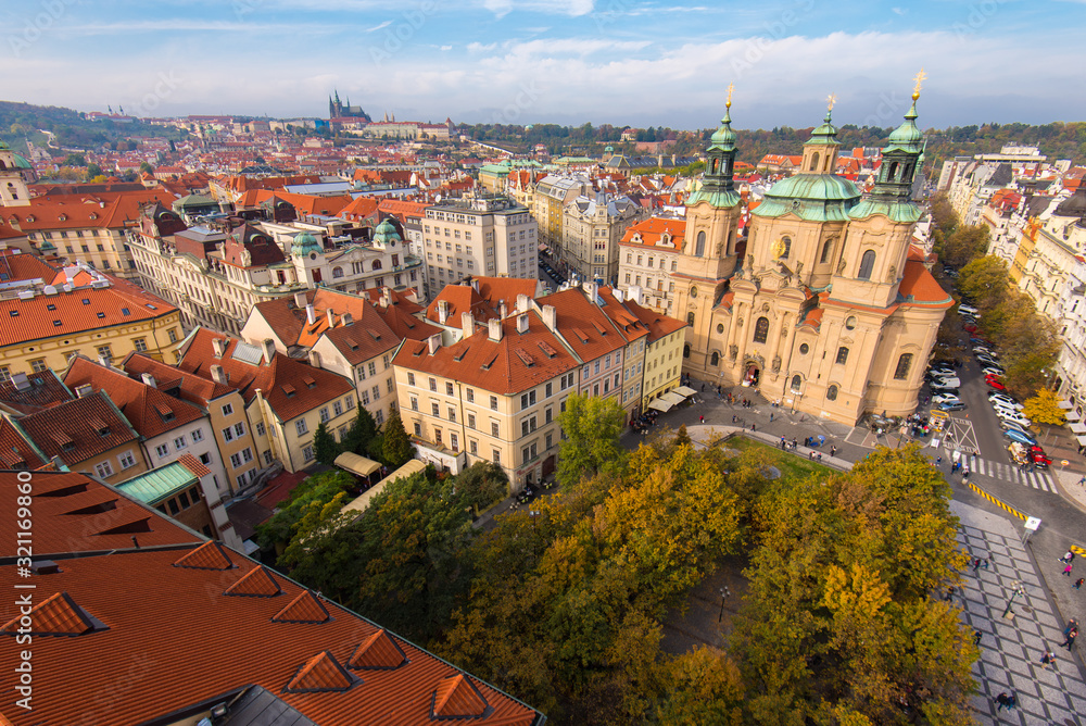 Elevated View of the Old Town Square in Prague With St. Nicholas Church