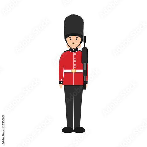 British soldier in flat style. Queen's Guard in traditional uniform.