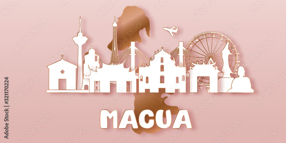 Naklejka premium Macau Travel postcard, poster, tour advertising of world famous landmarks in paper cut style. Vectors illustrations