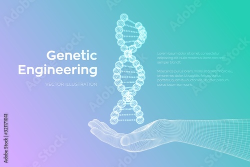 DNA sequence in hand. Wireframe DNA molecules structure mesh. DNA code editable template. Science and Technology concept. Vector illustration.