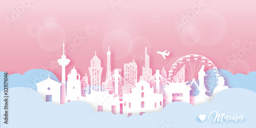Macau Travel postcard, poster, tour advertising of world famous landmarks in paper cut style. Vectors illustrations