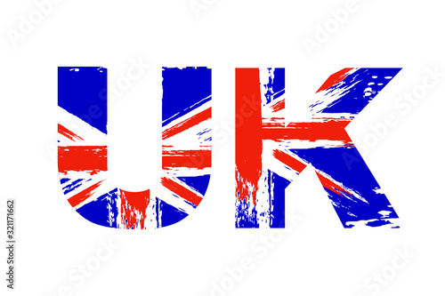 United Kingdom flag in letters, vintage British Union Jack, Great Britain grunge flag, UK text, isolated on white background, vector illustration.