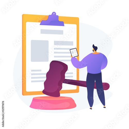 Legal statement. Court notice, judge decision, judicial system. Lawyer, attorney studying papers cartoon character. Mortgage debt, legislation. Vector isolated concept metaphor illustration