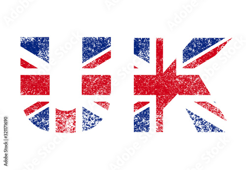 United Kingdom flag in letters, vintage British Union Jack, Great Britain grunge flag, UK text, isolated on white background, vector illustration.