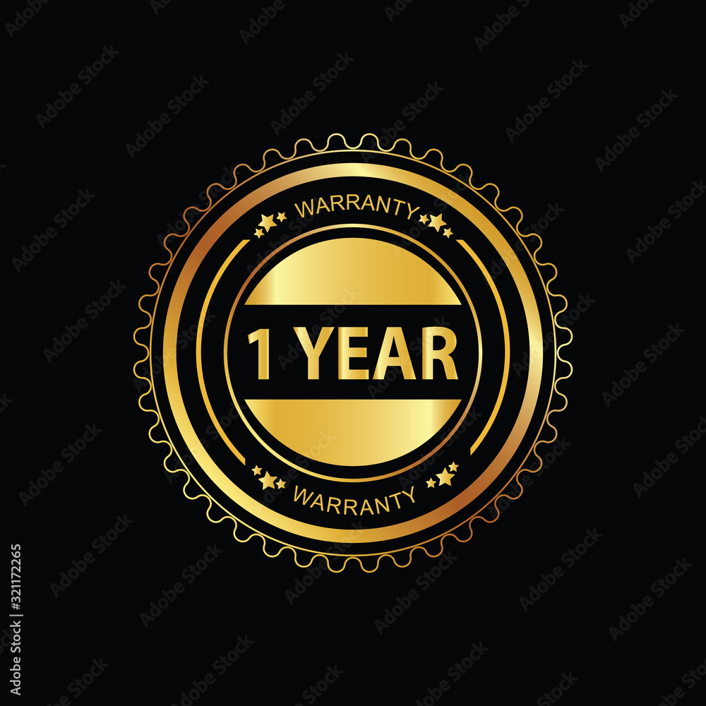 Powerful golden 1 year warranty badge, stamp, seal, sign, label