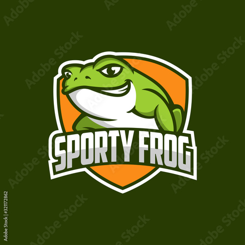 frog logo badge vector, cartoon toad smiling