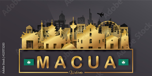 Macau Travel postcard, poster, tour advertising of world famous landmarks in paper cut style. Vectors illustrations