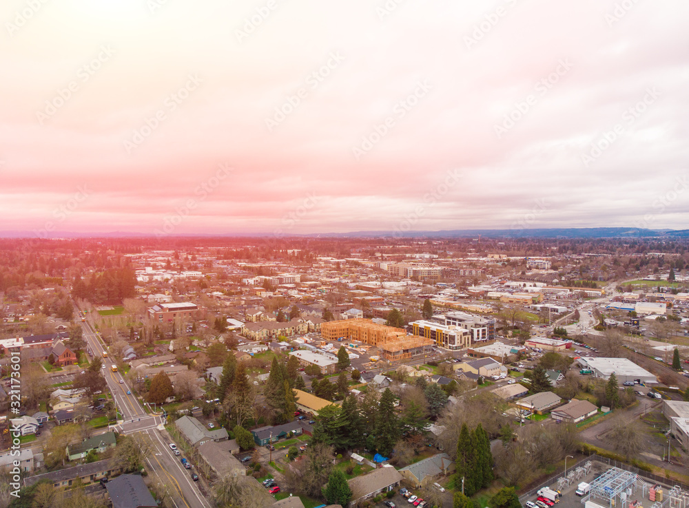 Suburb, city at sunset. Houses and streets from above. Background