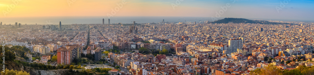 Barcelona Spain, high angle view panorama city skyline sunrise from Bunkers del Carmel