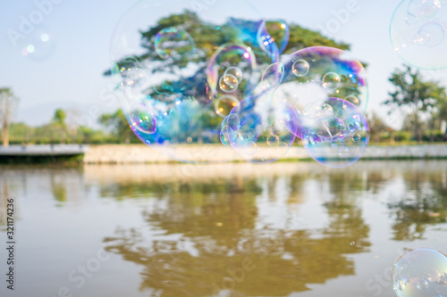 Floating soap bubbles at the lake, use for background.