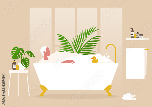 Interior design, Young male character washing in a clawfoot vintage bathtub full of soap foam, relaxation and body treatment
