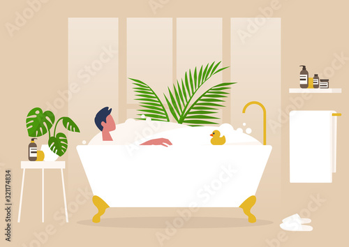 Interior design, Young male character washing in a clawfoot vintage bathtub full of soap foam, relaxation and body treatment