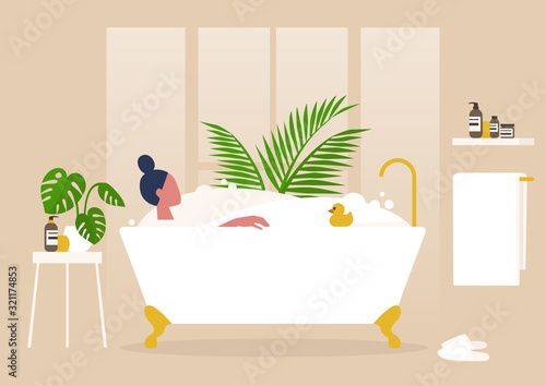 Interior design, Young female character washing in a clawfoot vintage bathtub full of soap foam, relaxation and body treatment