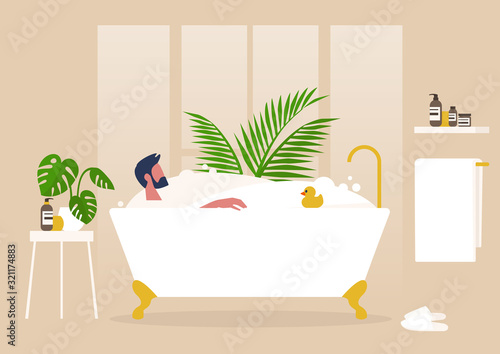 Interior design, Young male character washing in a clawfoot vintage bathtub full of soap foam, relaxation and body treatment