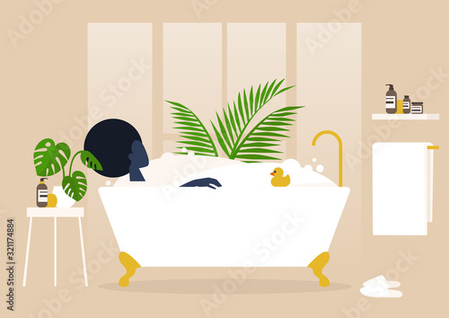 Interior design, Young black female character washing in a clawfoot vintage bathtub full of soap foam, relaxation and body treatment