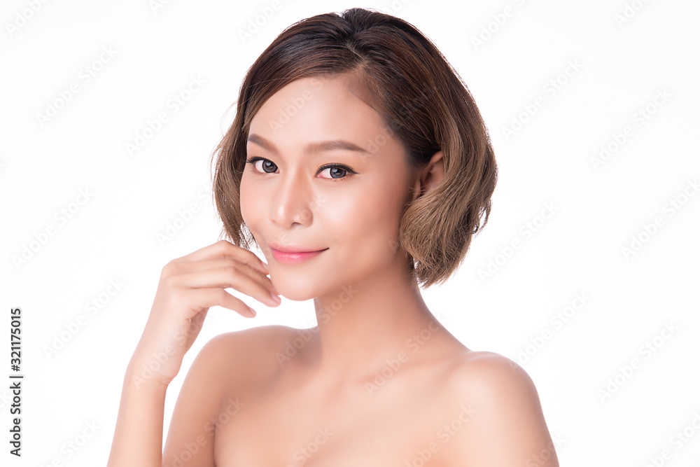 Portrait beautiful young asian woman clean fresh bare skin concept. Asian girl beauty face skincare and health wellness, Facial treatment, Perfect skin, Natural makeup, on white background,two Portrait beautiful young asian woman clean fresh bare skin concept. Asian girl beauty face skincare and health wellness, Facial treatment, Perfect skin, Natural makeup, on white background,two
