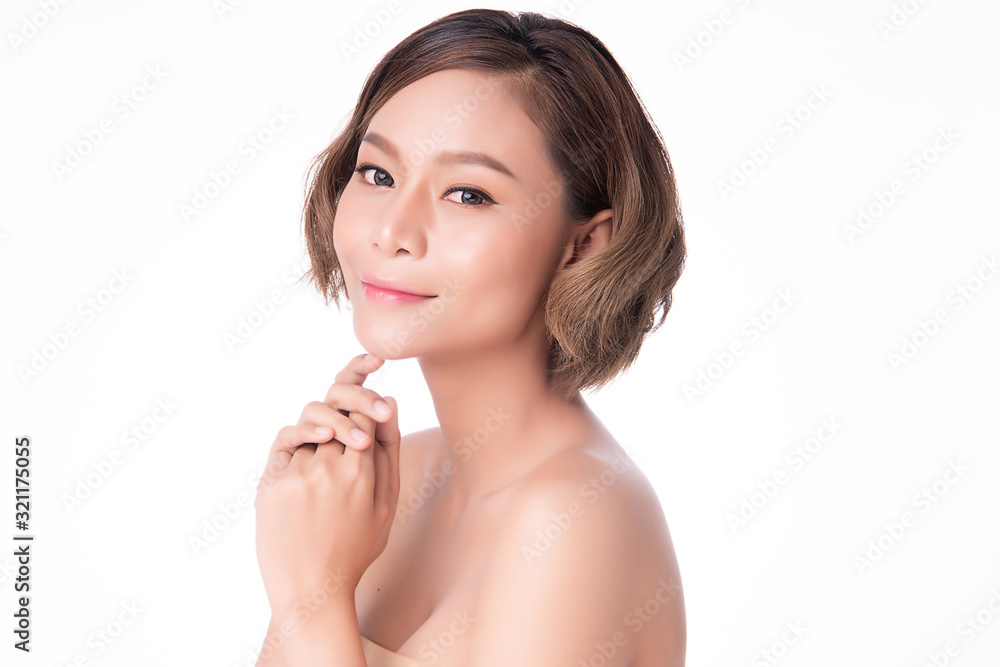 Portrait beautiful young asian woman clean fresh bare skin concept. Asian girl beauty face skincare and health wellness, Facial treatment, Perfect skin, Natural makeup, on white background,two Portrait beautiful young asian woman clean fresh bare skin concept. Asian girl beauty face skincare and health wellness, Facial treatment, Perfect skin, Natural makeup, on white background,two