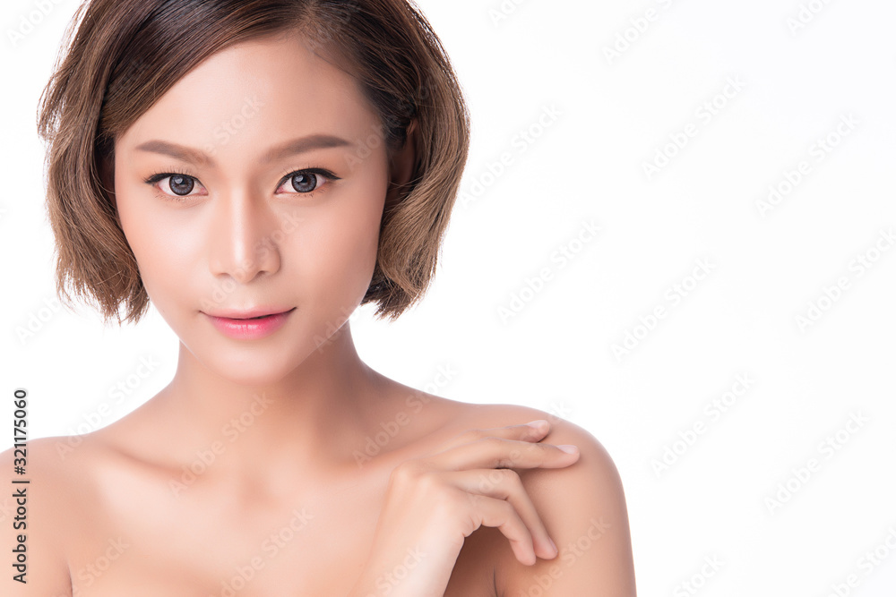 Portrait beautiful young asian woman clean fresh bare skin concept. Asian girl beauty face skincare and health wellness, Facial treatment, Perfect skin, Natural makeup, on white background,two Portrait beautiful young asian woman clean fresh bare skin concept. Asian girl beauty face skincare and health wellness, Facial treatment, Perfect skin, Natural makeup, on white background,two
