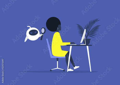 Privacy violation in the office, a robot spying on a young black female manager at work, human rights