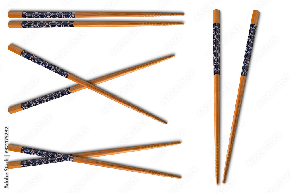 Collection of wooden chopsticks isolated on white background