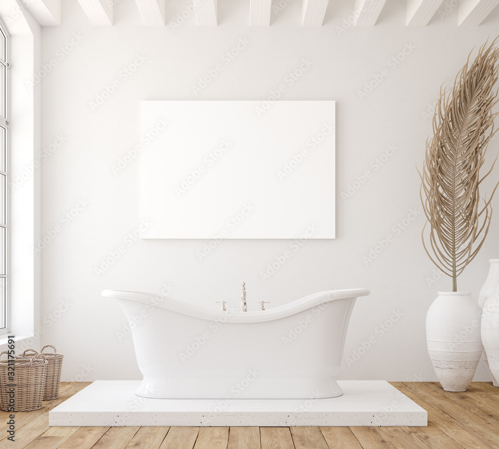 Mockup poster in minimalist white bathroom interior, 3d render