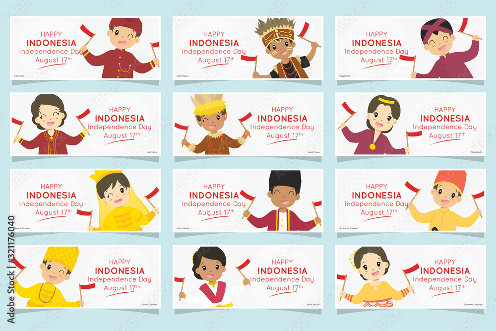 Indonesia independence day August 17th celebration banner design, cartoon vector set. Happy Indonesian kids in traditional dress, holding Indonesian flags. Printable banner template.	