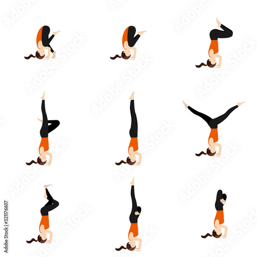 Bakasana to sirsasana yoga poses set/ Illustration stylized woman practicing yoga postures headstand variations