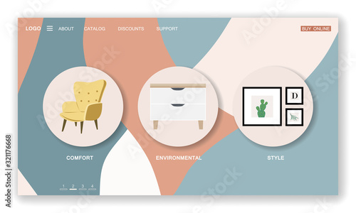 Landing page template of furniture store. Cozy home interior in Scandinavian with houseplant. Vector illustration in flat cartoon style.