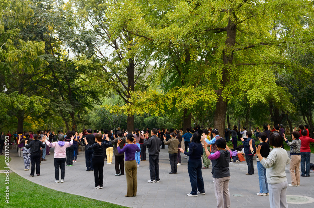 Morning exercises under trees in Zizhuyuan Purple Bamboo Park in Beijing on National holiday