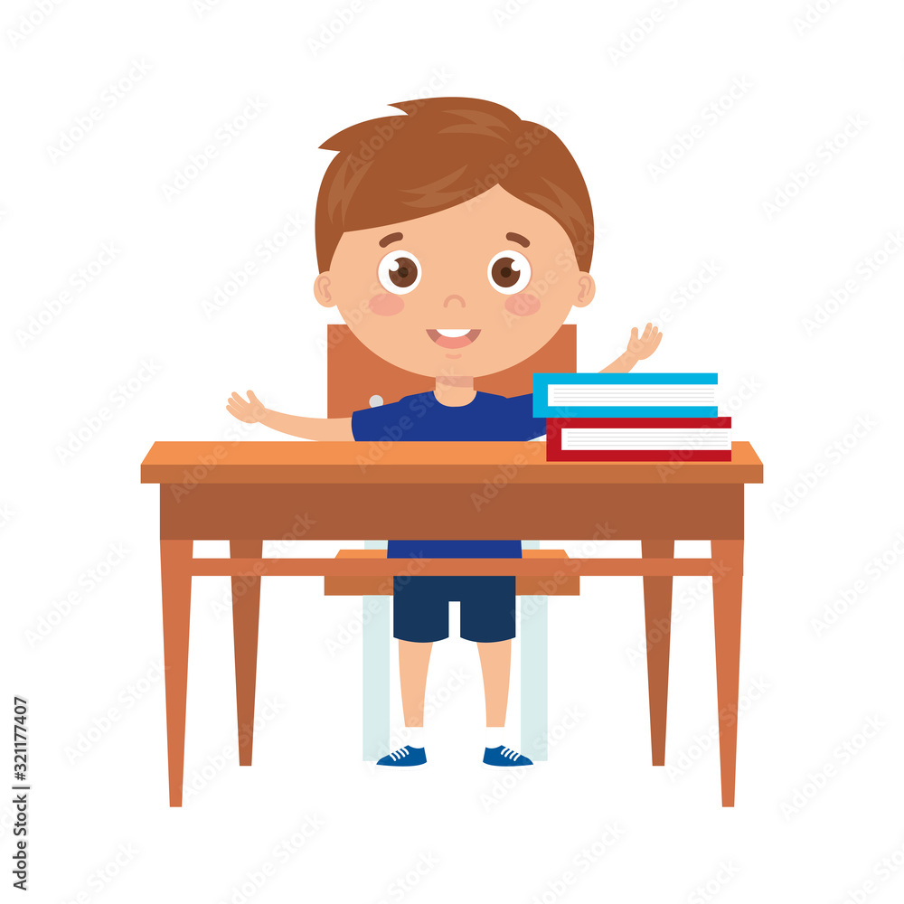 student boy sitting in school desk on white background vector illustration design