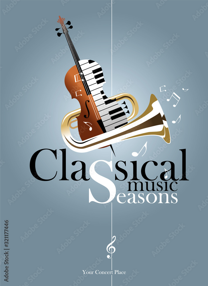 Classical music concert poster design. Cello, piano keys, tuba and musical  notes elements. Editable EPS vector Stock Vector | Adobe Stock