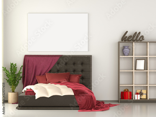 Quadro su tela Mock up canvas poster bed room with kingsize bed, bookshelf, vase, gift box, red pillow, blanket and plant