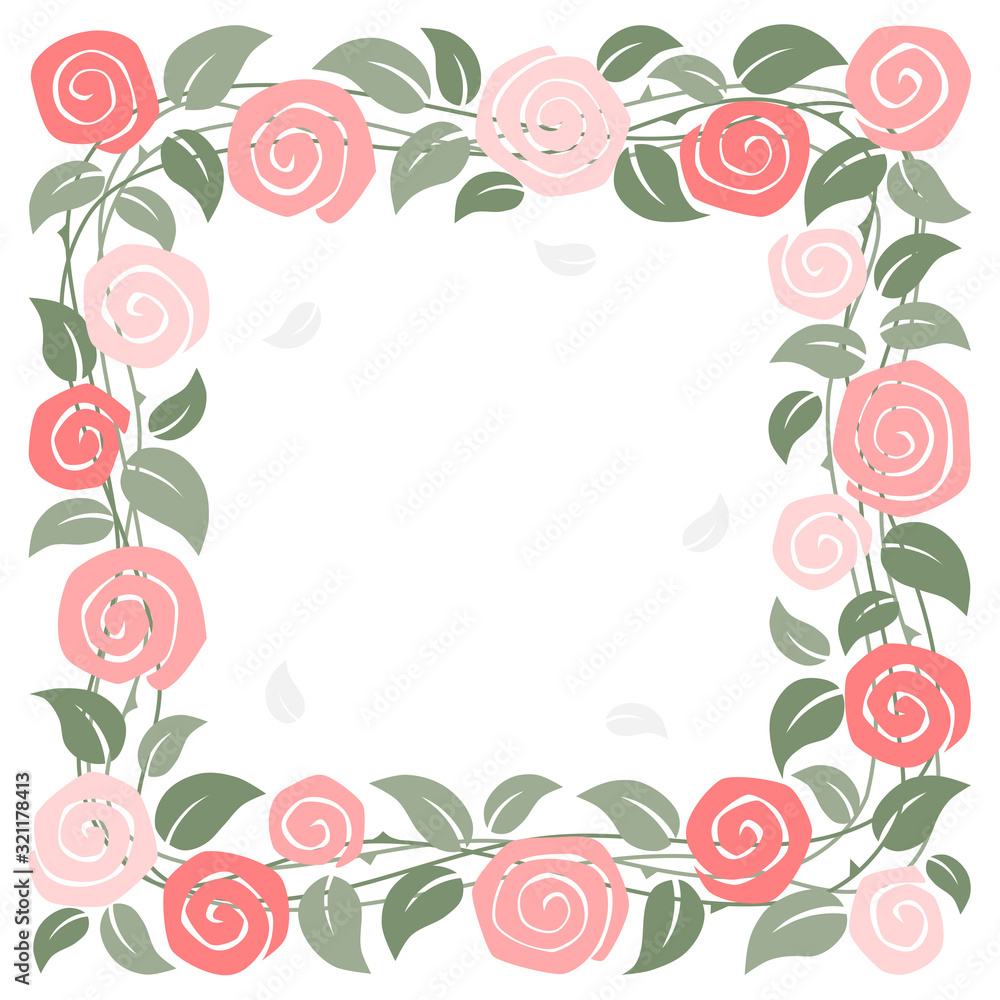 Rose square frame on white background