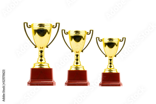 Trophy and medal closeup by ranking 123 on white background